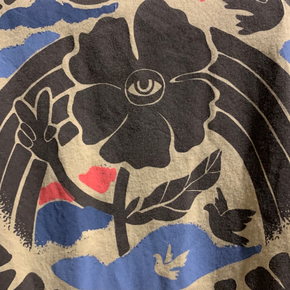 Upcycled “Find Peace Within”Yellow Graphic Tee with plaid Plaid Sleeves - Picture 6 of 7